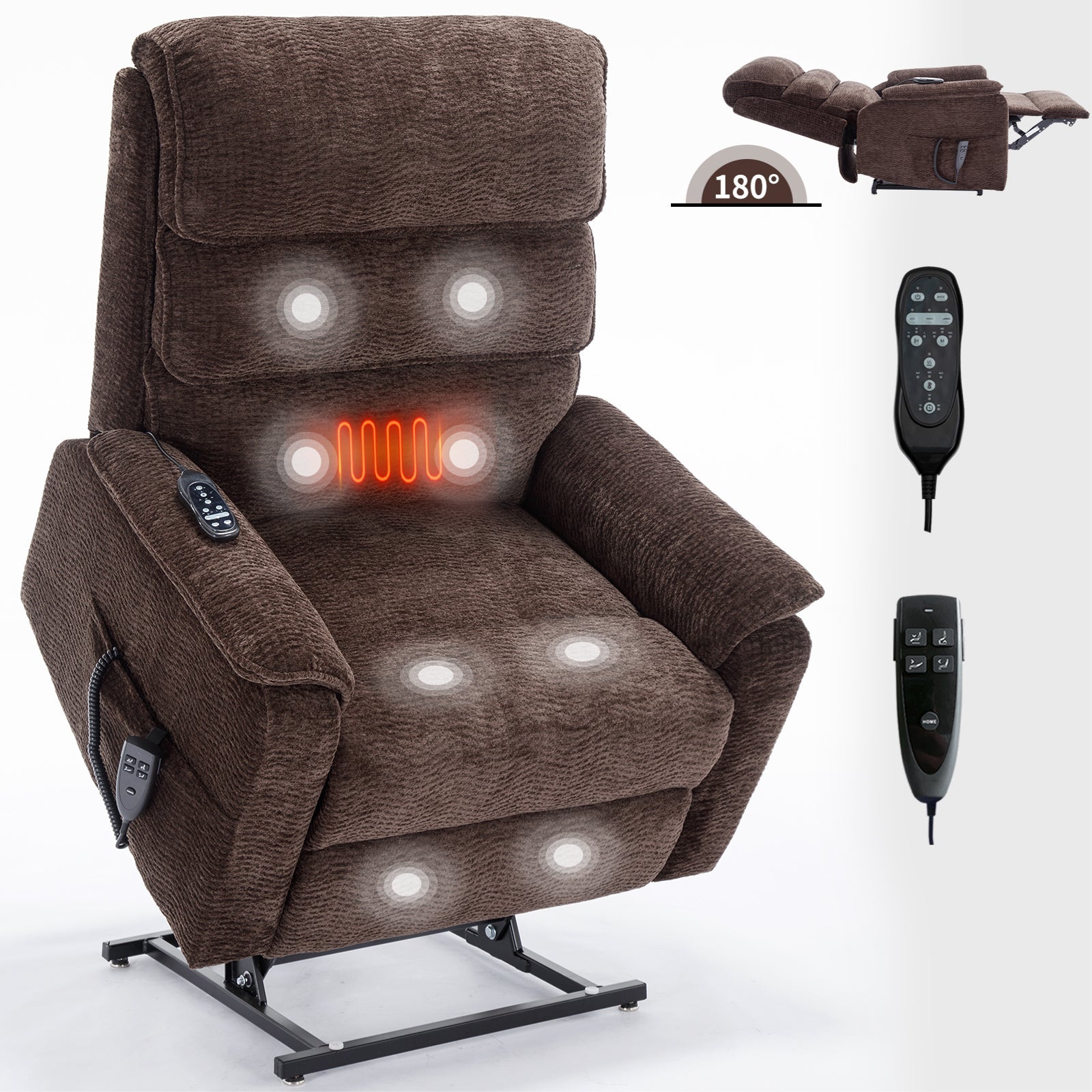 Solene Power Lift Recliner with Head & Massage, Brown Chenille