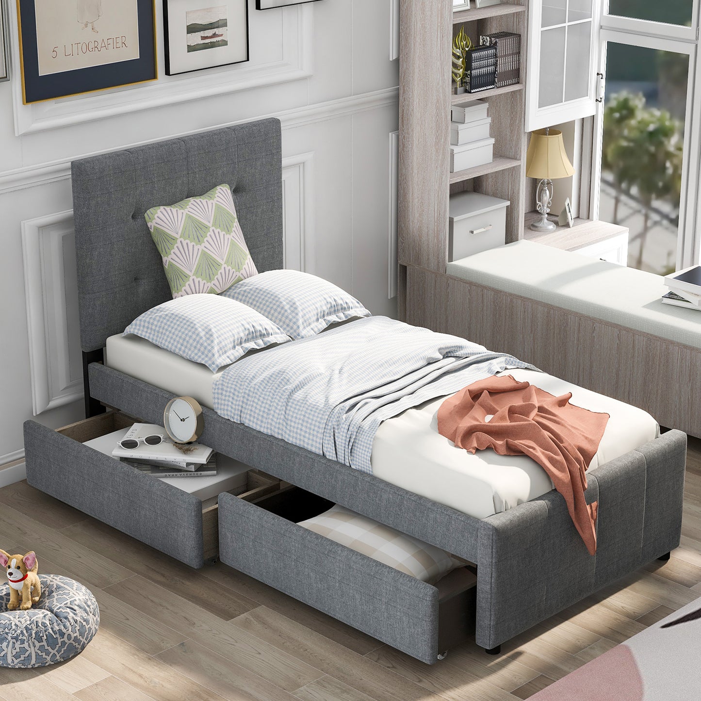 Linda Twin Platform Bed with 2 Storage Drawers - Gray