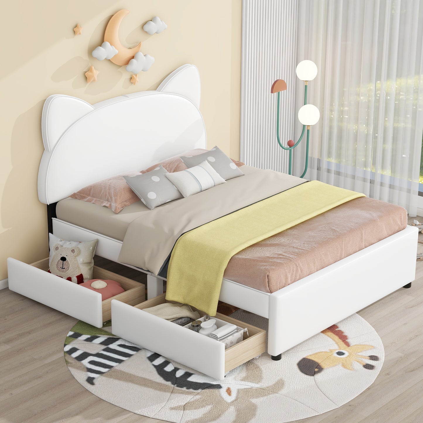 Brandy Full Size Platform Bed with Cartoon Ears - White