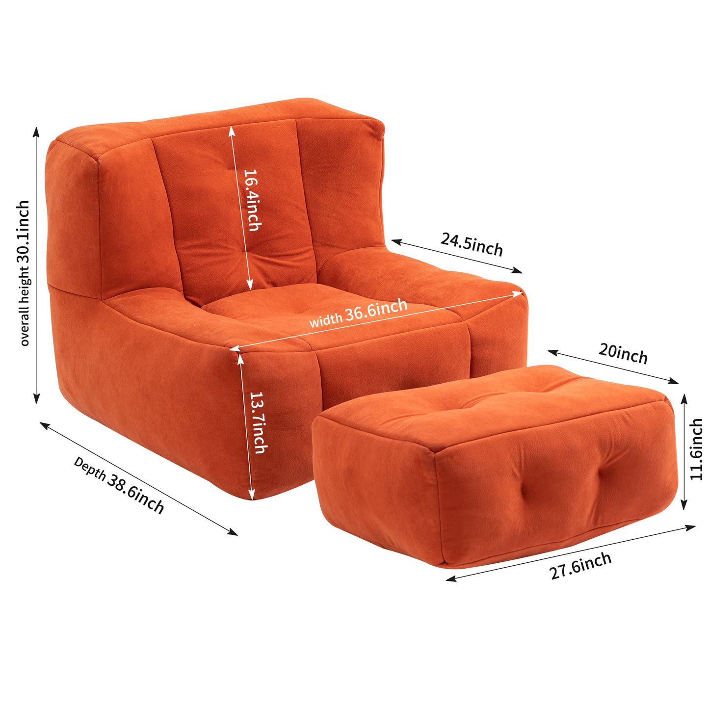 Halston 2-Piece Velvet Bean Bag Chair & Ottoman, Orange