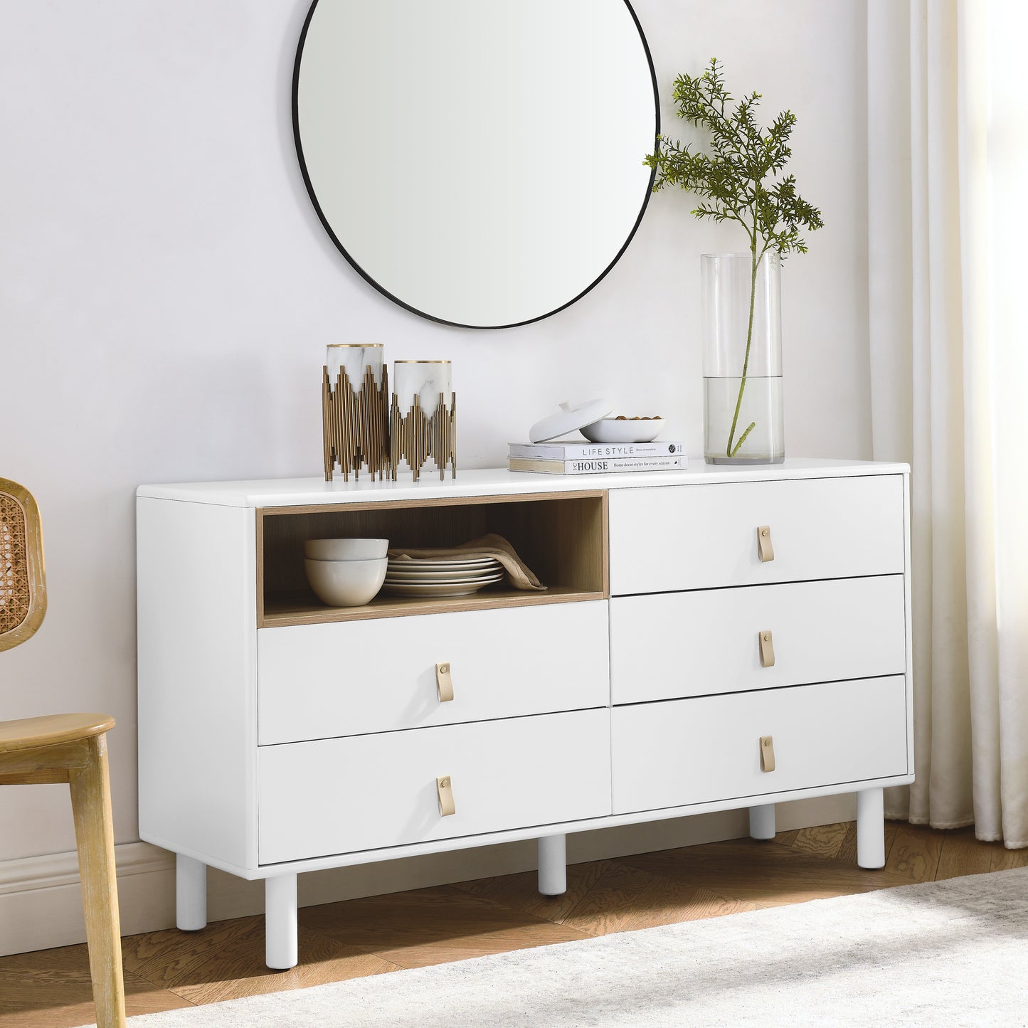 Lillian Modern 5-Drawer Accent Cabinet with Leather Handles, White