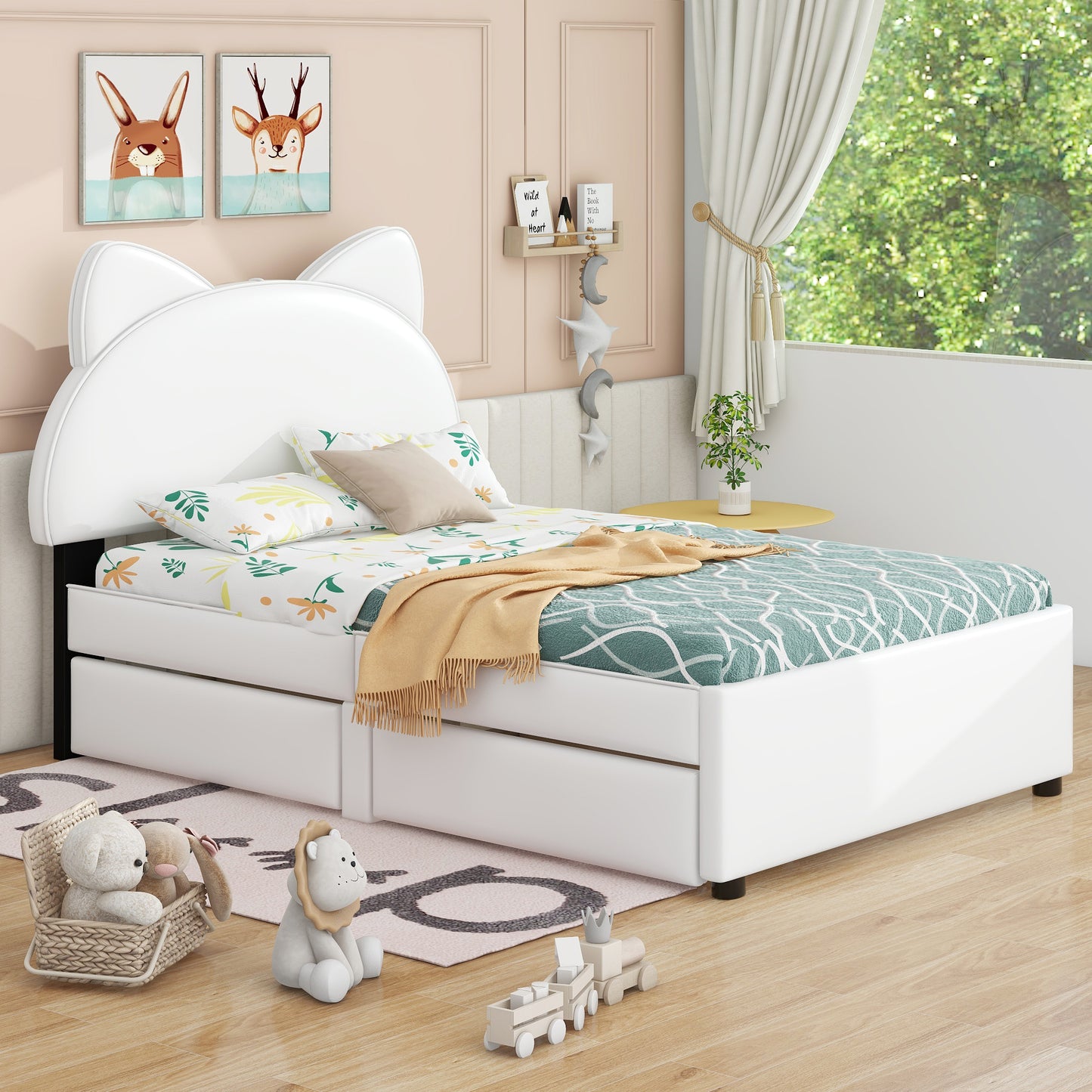 Brandy Full Size Platform Bed with Cartoon Ears - White