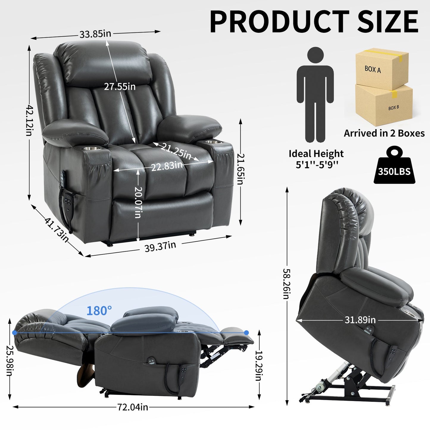 Hardy Infinite Position Leatheraire Power Lift Recliner, Gray