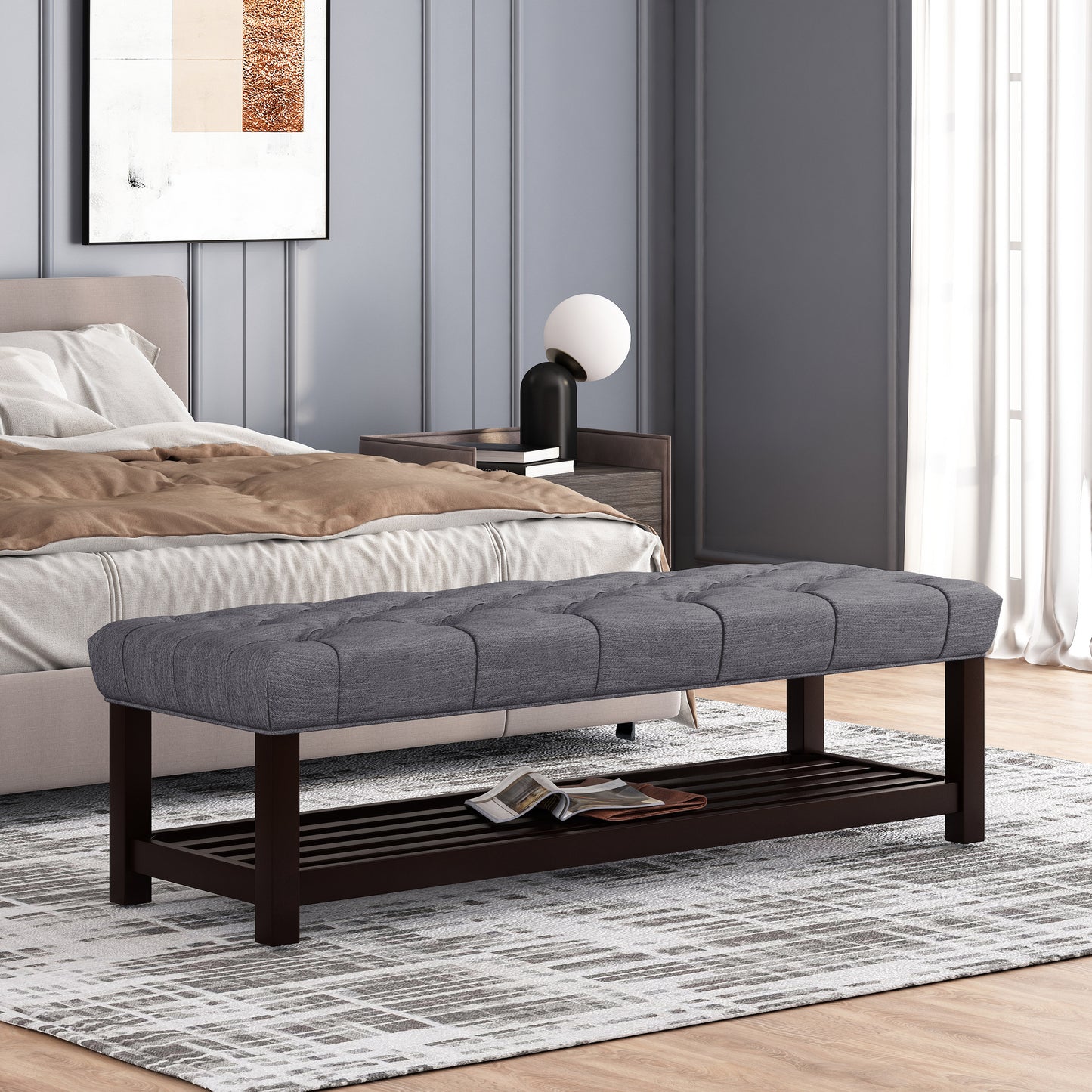 Arthur Transitional Tufted Bench with Lower Shelf, Gray