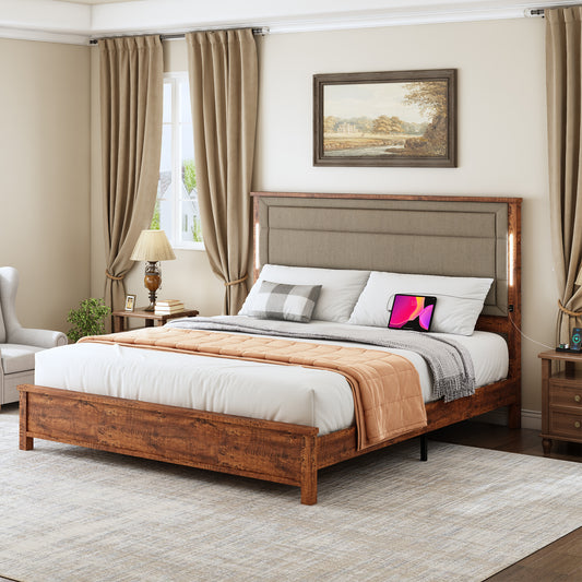 Aveline Transitional Wooden Platform Bed with LED, Gray & Brown