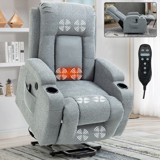 Ellis Gray Linen Power Lift Recliner with Massage & Head