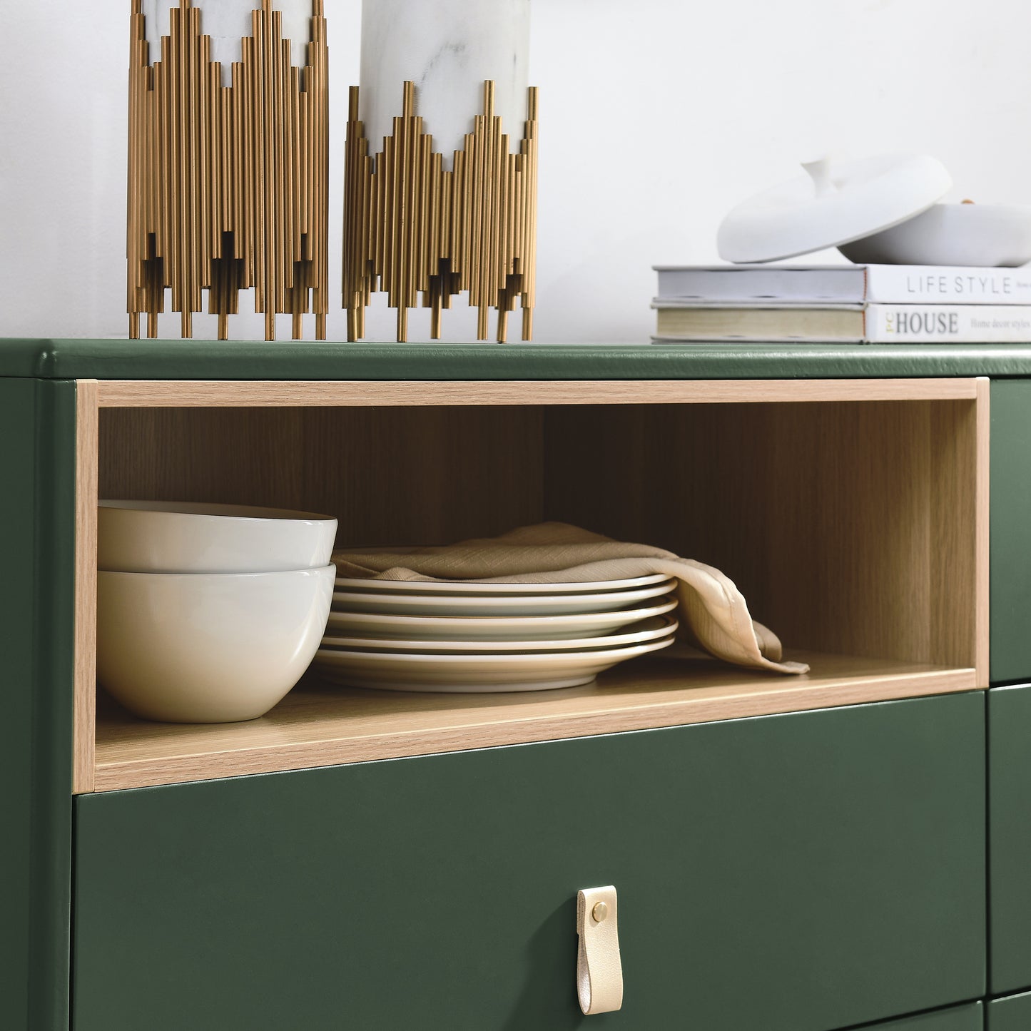 Lillian Modern 5-Drawer Accent Cabinet with Leather Handles, Green