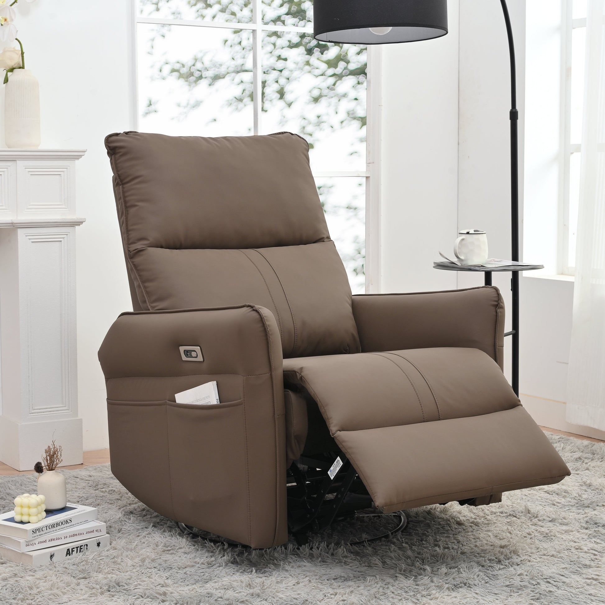 Garnet 270° PU Leather Power Swivel Rocker Recliner Chair, Brown