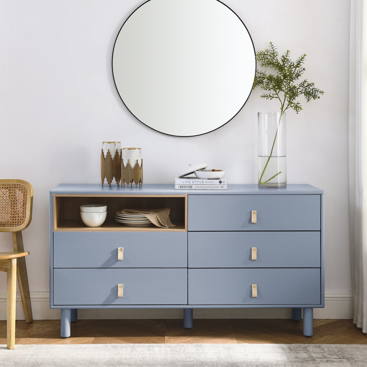 Lillian Modern 5-Drawer Accent Cabinet with Leather Handles, Blue