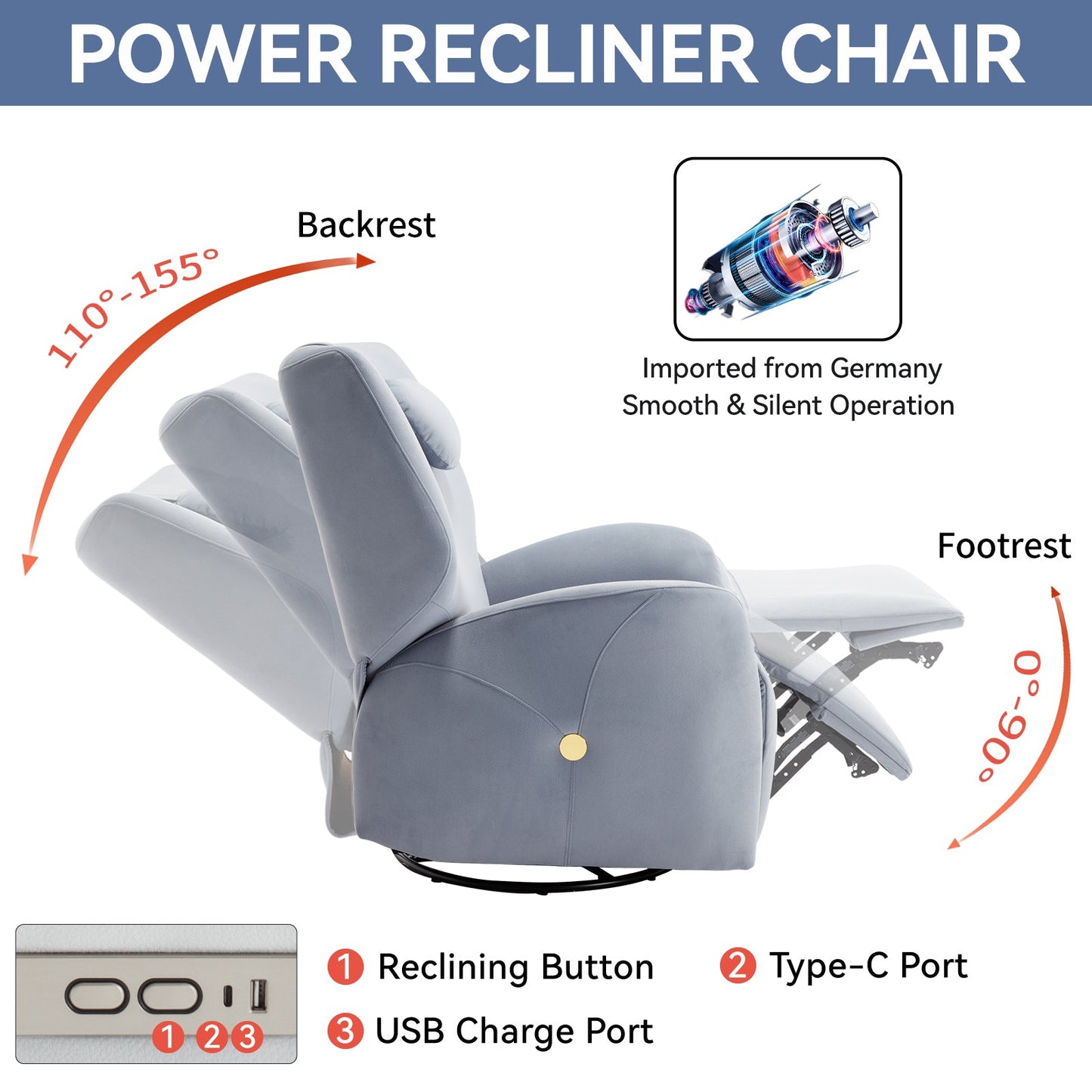 Lennox Power Glider Recliner with Lumbar & Neck Support, Blue