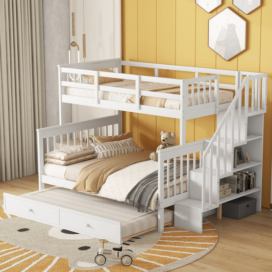 Fremont Twin over Full Stairway Bunk Bed with Twin Trundle, White