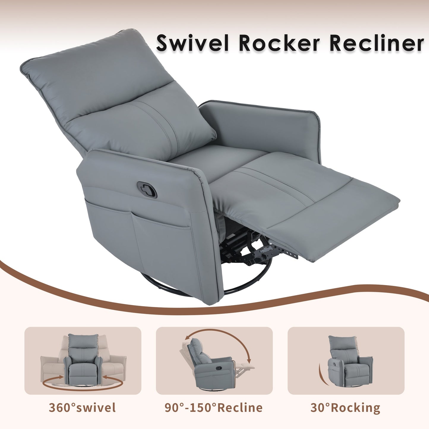 Garnet 360 ° PU Leather Swivel Rocking Glider Recliner, Gray