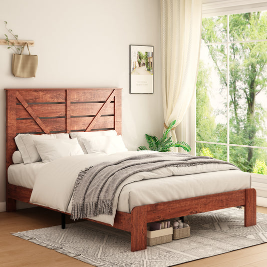 Vespera Rustic Full Wooden Platform Bed in Vintage Brown