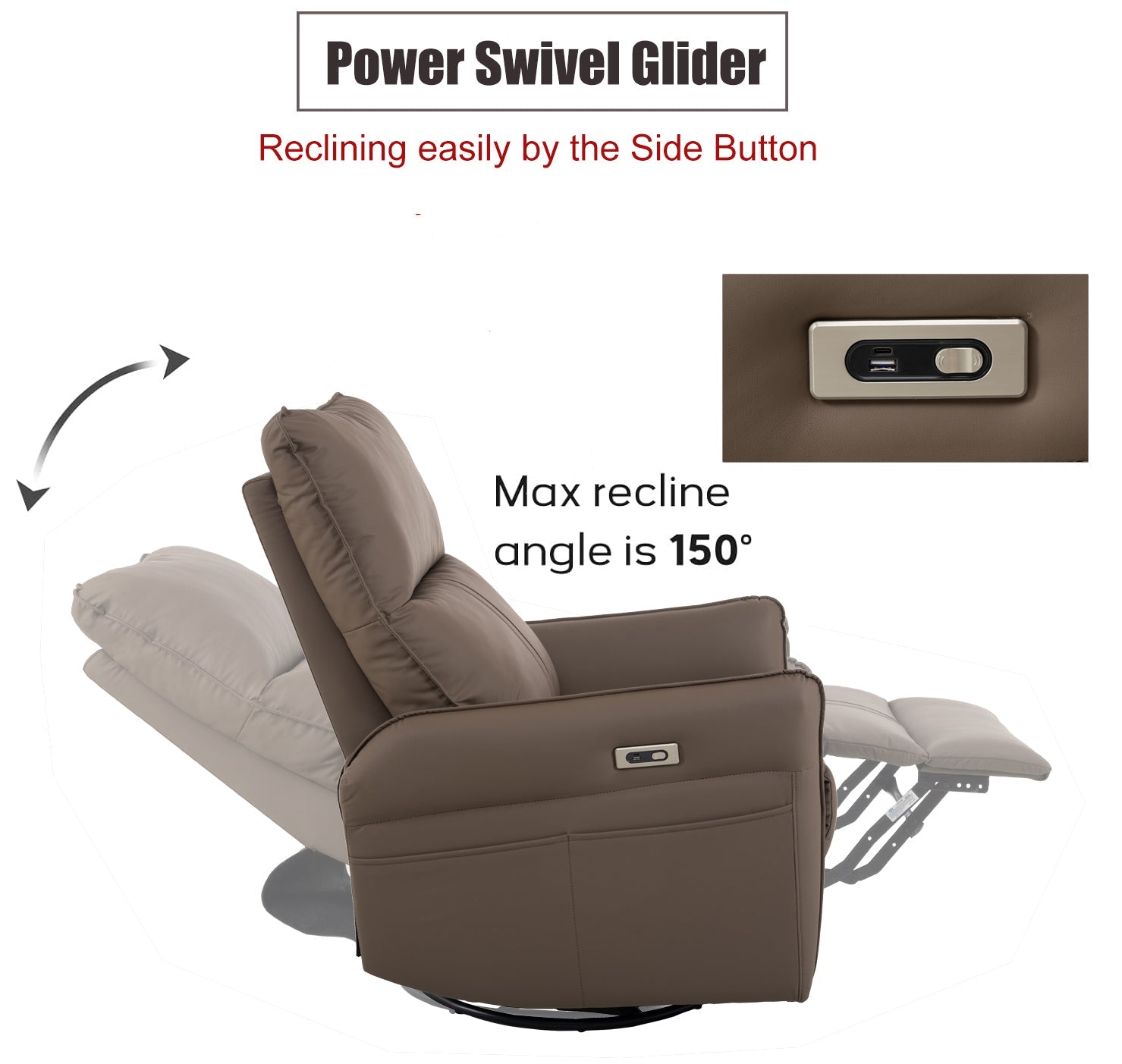 Garnet 270° PU Leather Power Swivel Rocker Recliner Chair, Brown