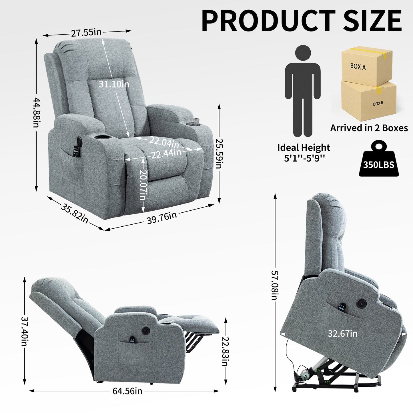 Ellis Gray Linen Power Lift Recliner with Massage & Head