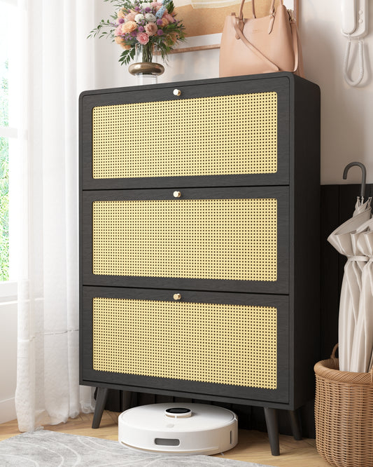 Irene Mid-Century Modern Shoe Cabinet in Black with Rattan Fronts