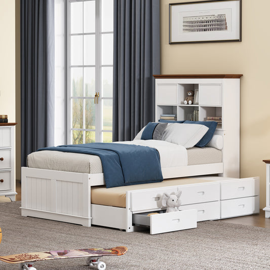 Belton Twin Size Captains Bed with Trundle & Storage, White & Walnut