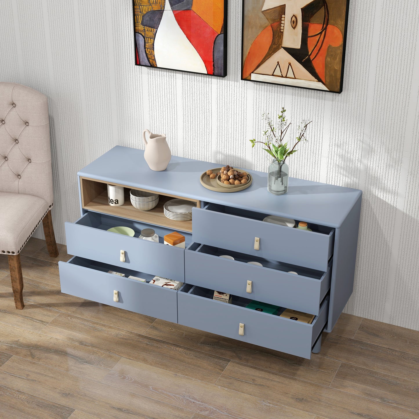 Lillian Modern 5-Drawer Accent Cabinet with Leather Handles, Blue