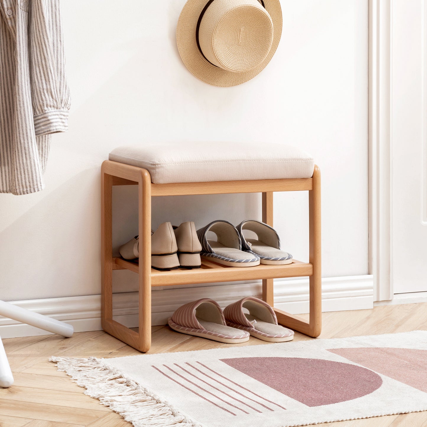 Natural Solid Wood Shoe Bench, Beech Wood Storage Rack Organizer