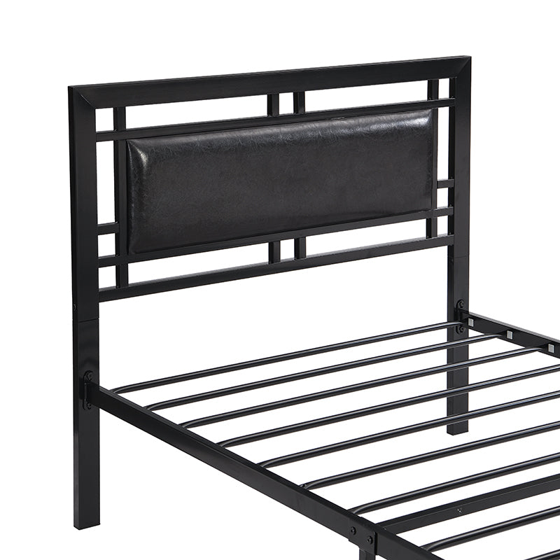 Twin Size Black Metal Platform Bed with Faux Leather Headboard