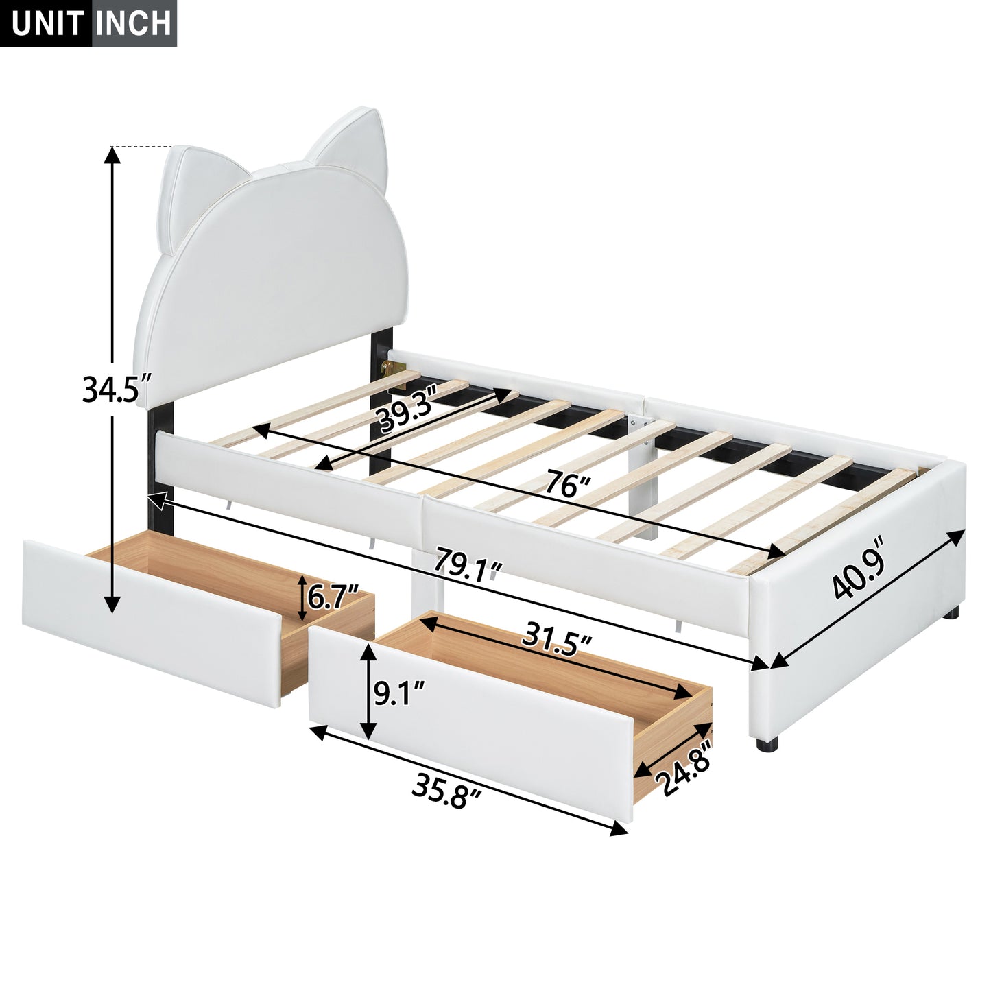 Brandy Full Size Platform Bed with Cartoon Ears - White