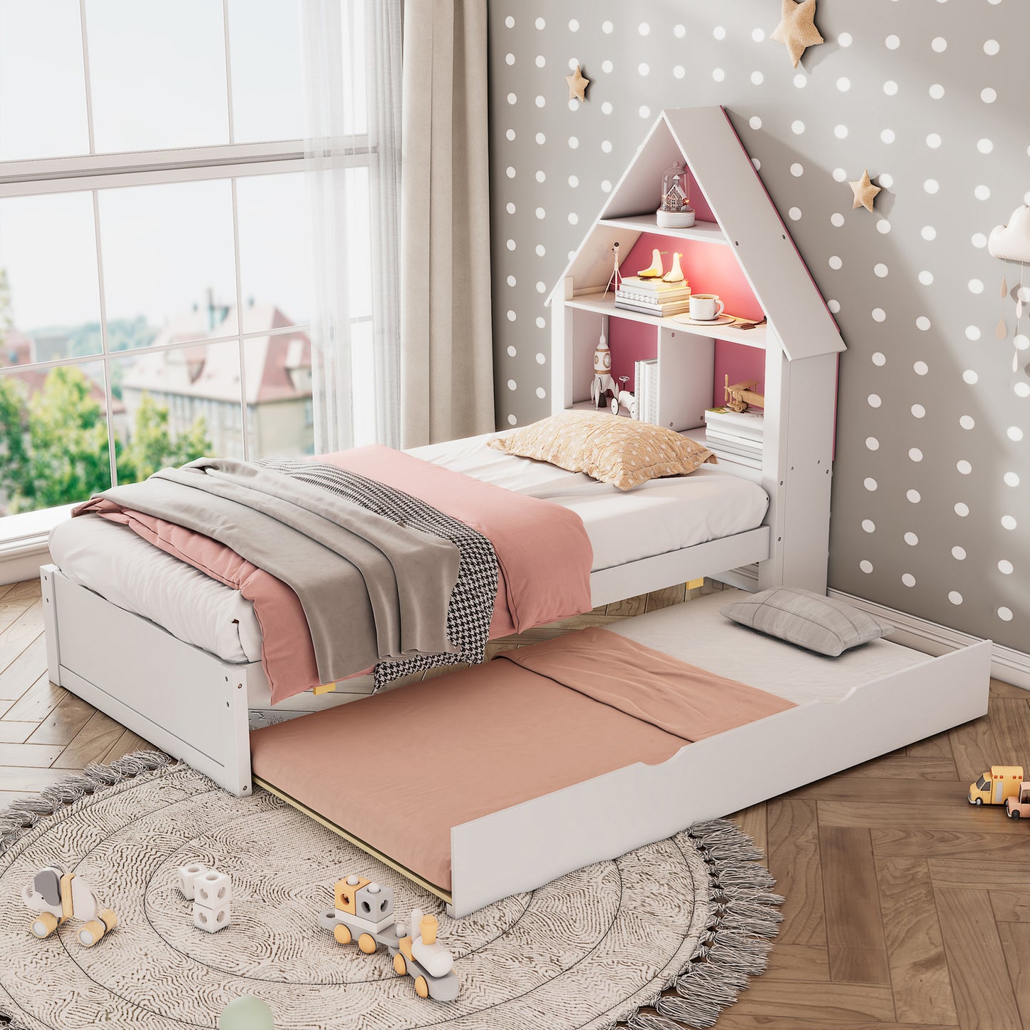 Charlotte Twin Size House Bed with Twin Size Trundle - Pink & White