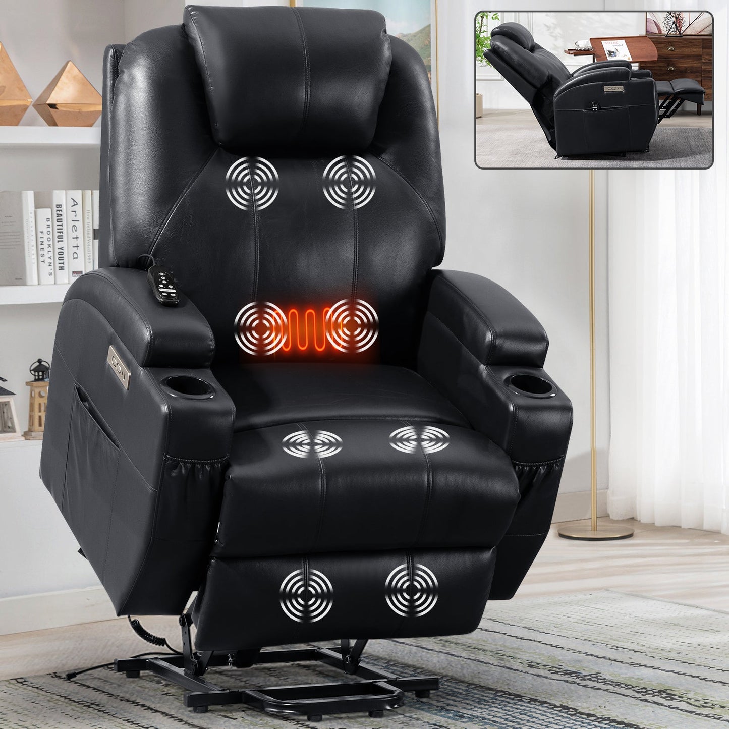 Cypress Faux Leather Power Lift Recliner with Head & Massage, Black