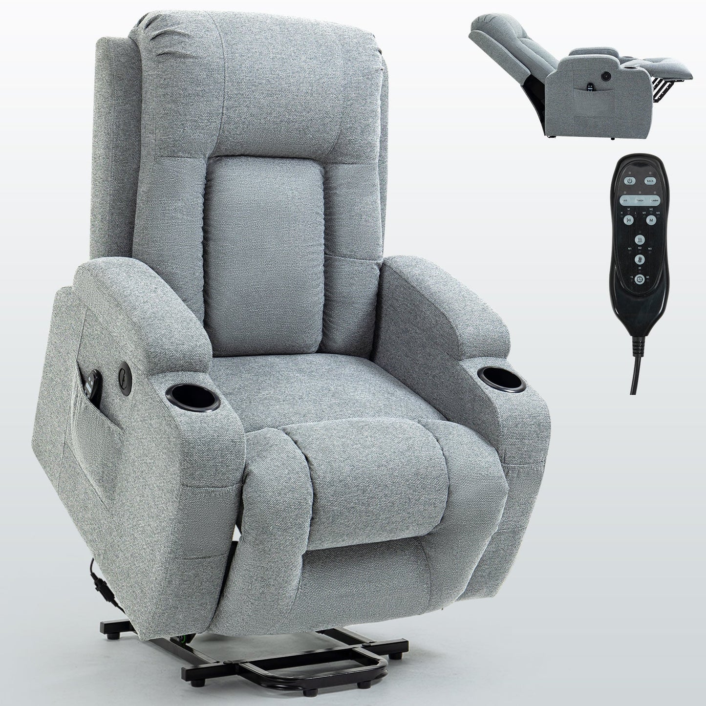 Ellis Gray Linen Power Lift Recliner with Massage & Head