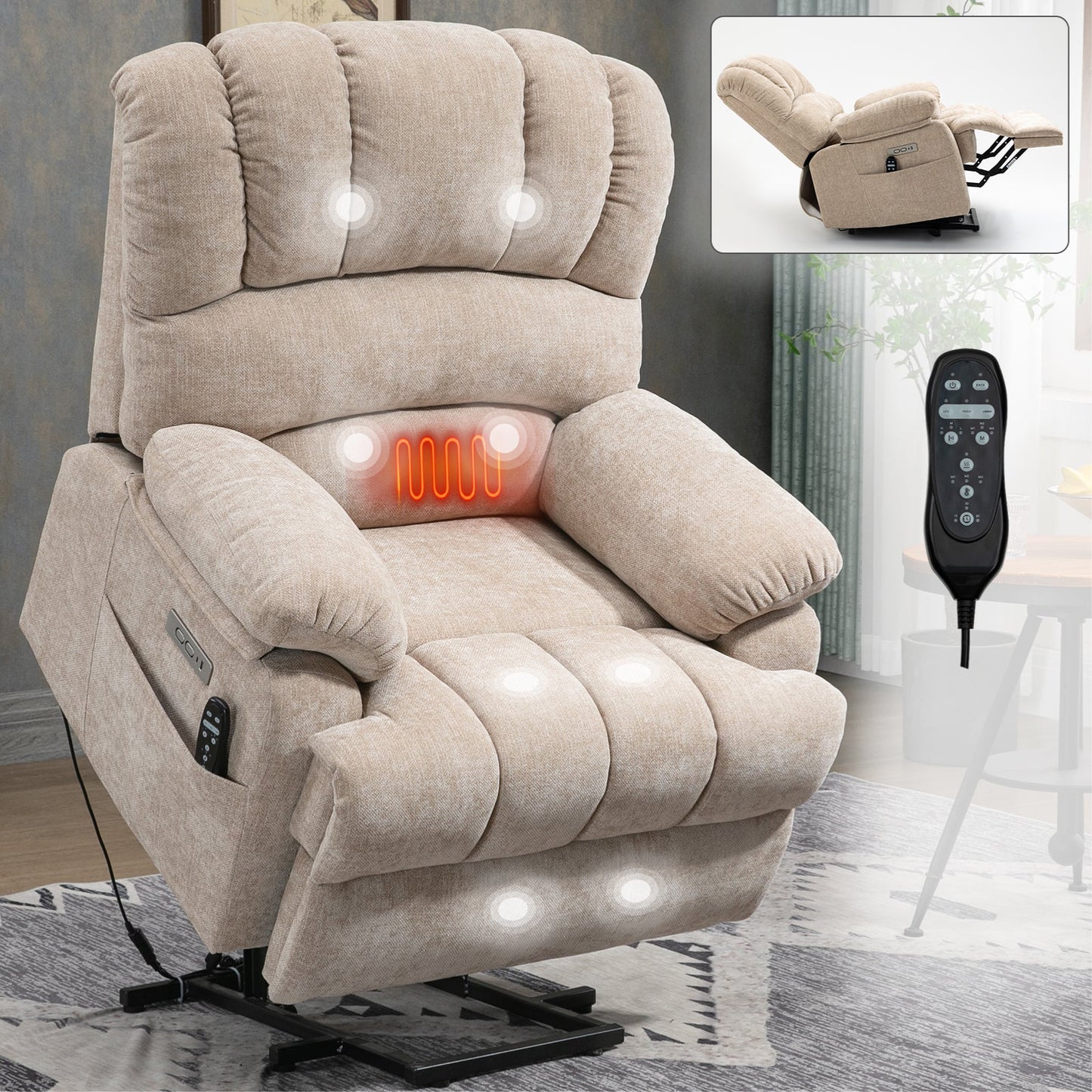 Maddison Beige Chenille Power Lift Recliner with Massage