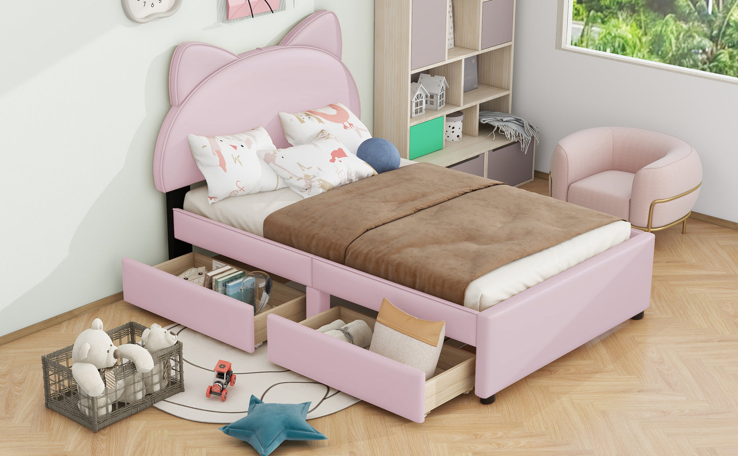 Brandy Twin Size Platform Bed with Cartoon Ears - Pink