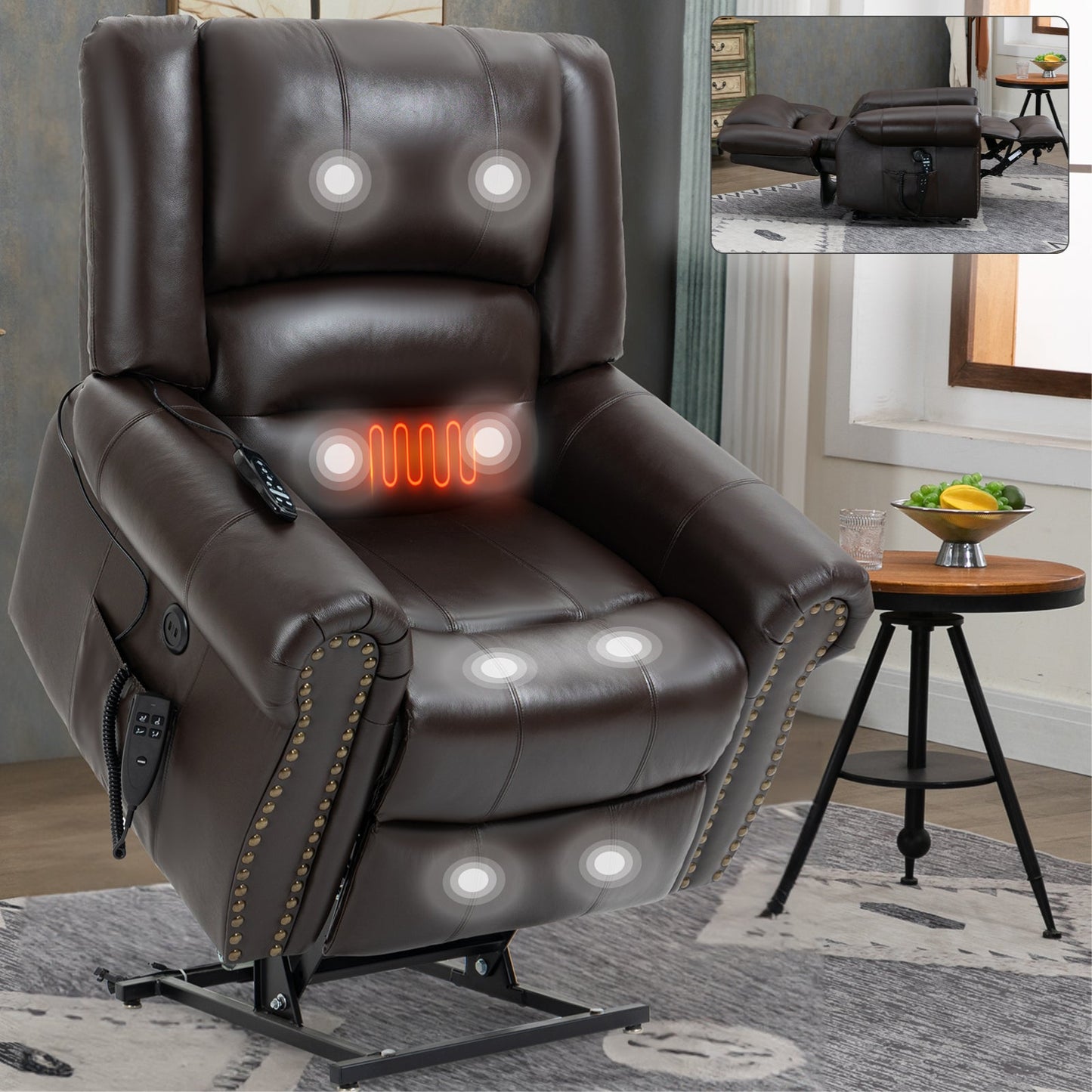 Indra Genuine Leather Power Lift Recliner with Head & Massage, Brown