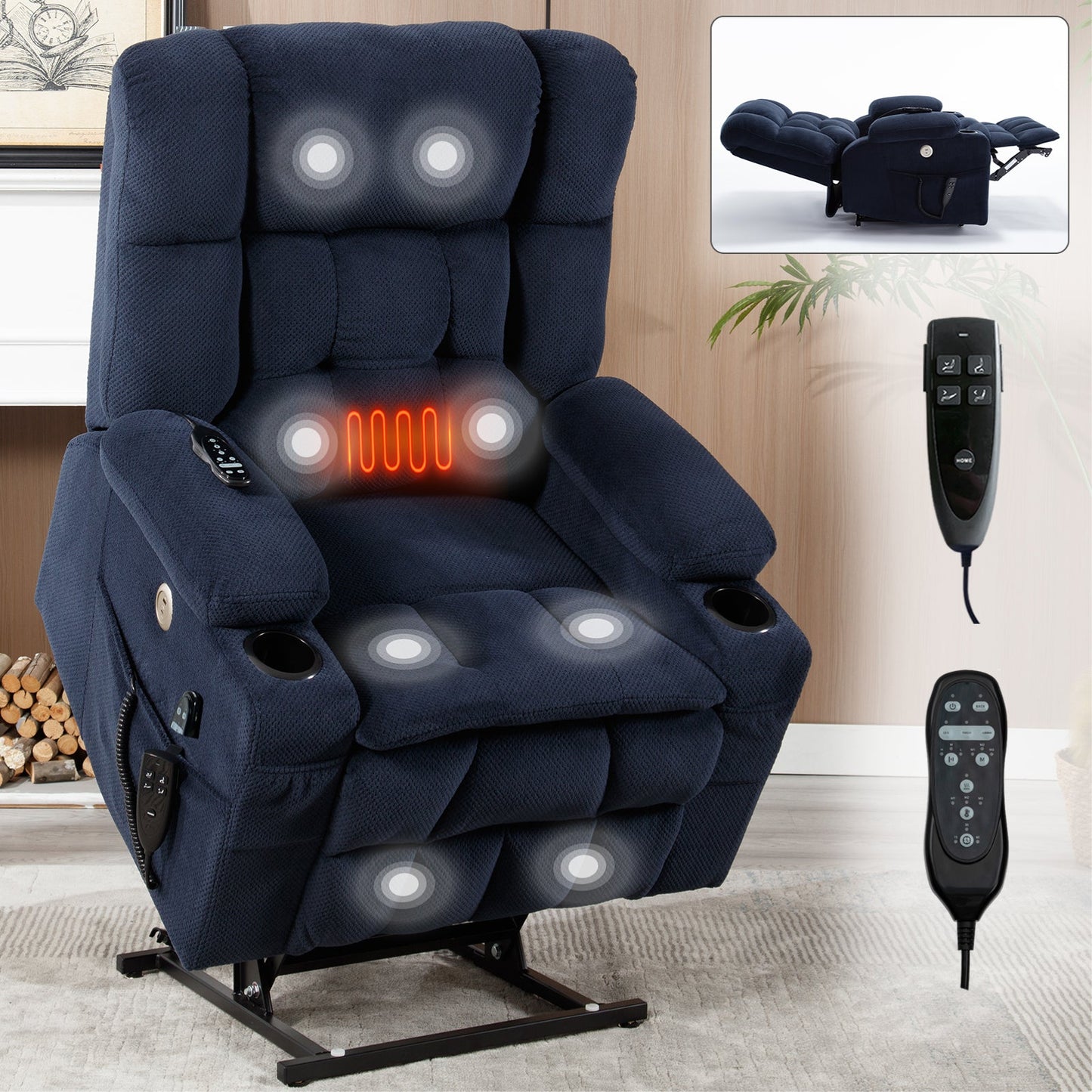 Skyler Chenille Power Lift Recliner with Massage, Blue