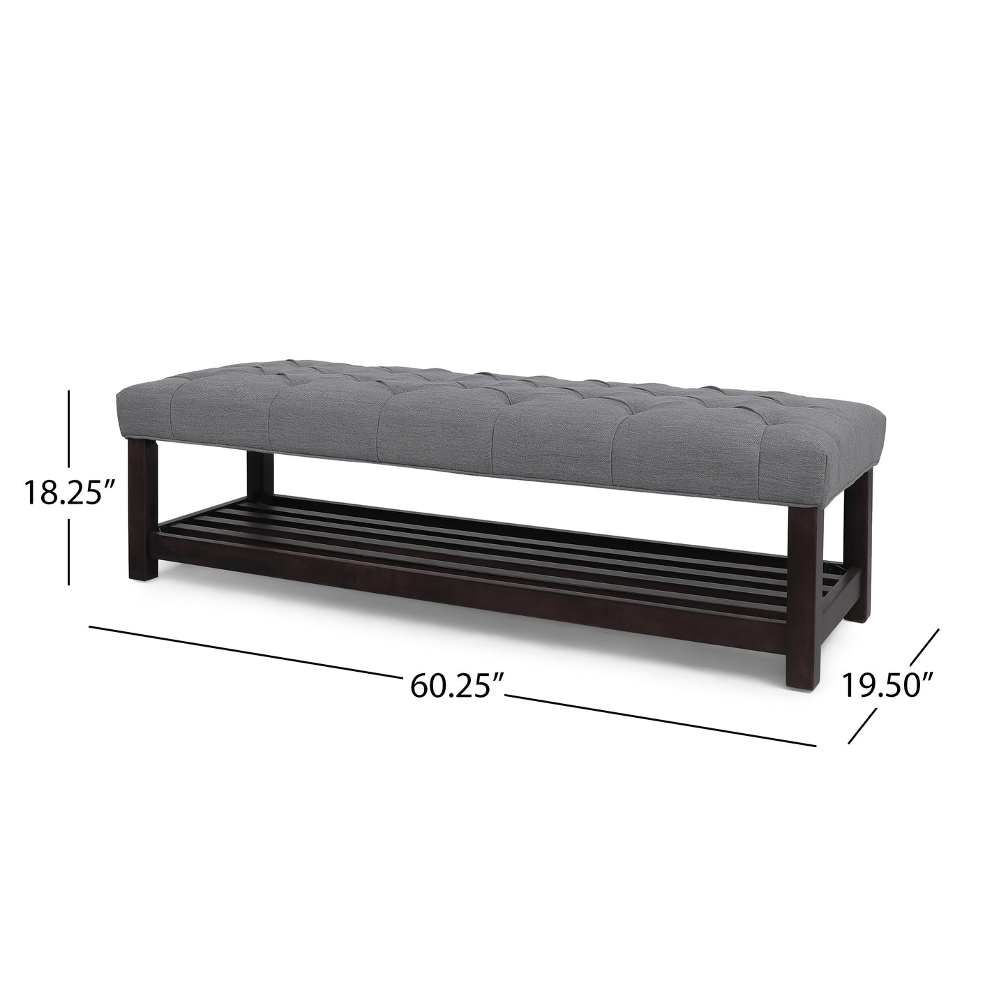 Arthur Transitional Tufted Bench with Lower Shelf, Gray