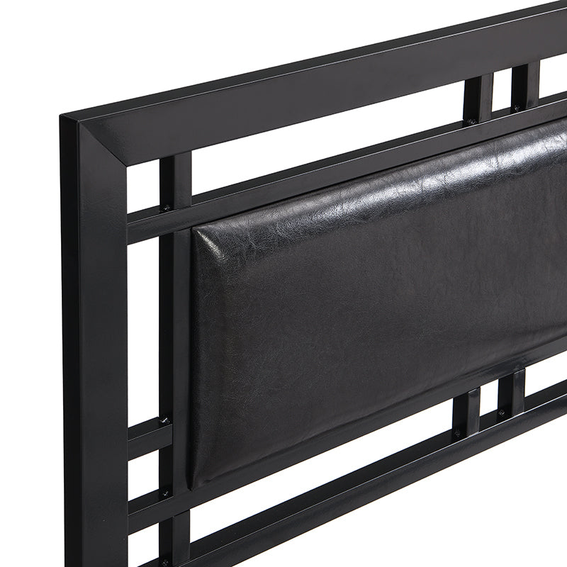 Twin Size Black Metal Platform Bed with Faux Leather Headboard