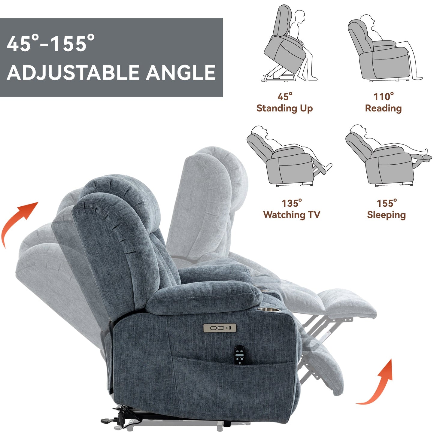 Bexley Chenille Power Lift Recliner with 8-Point Massage & Heat, Blue