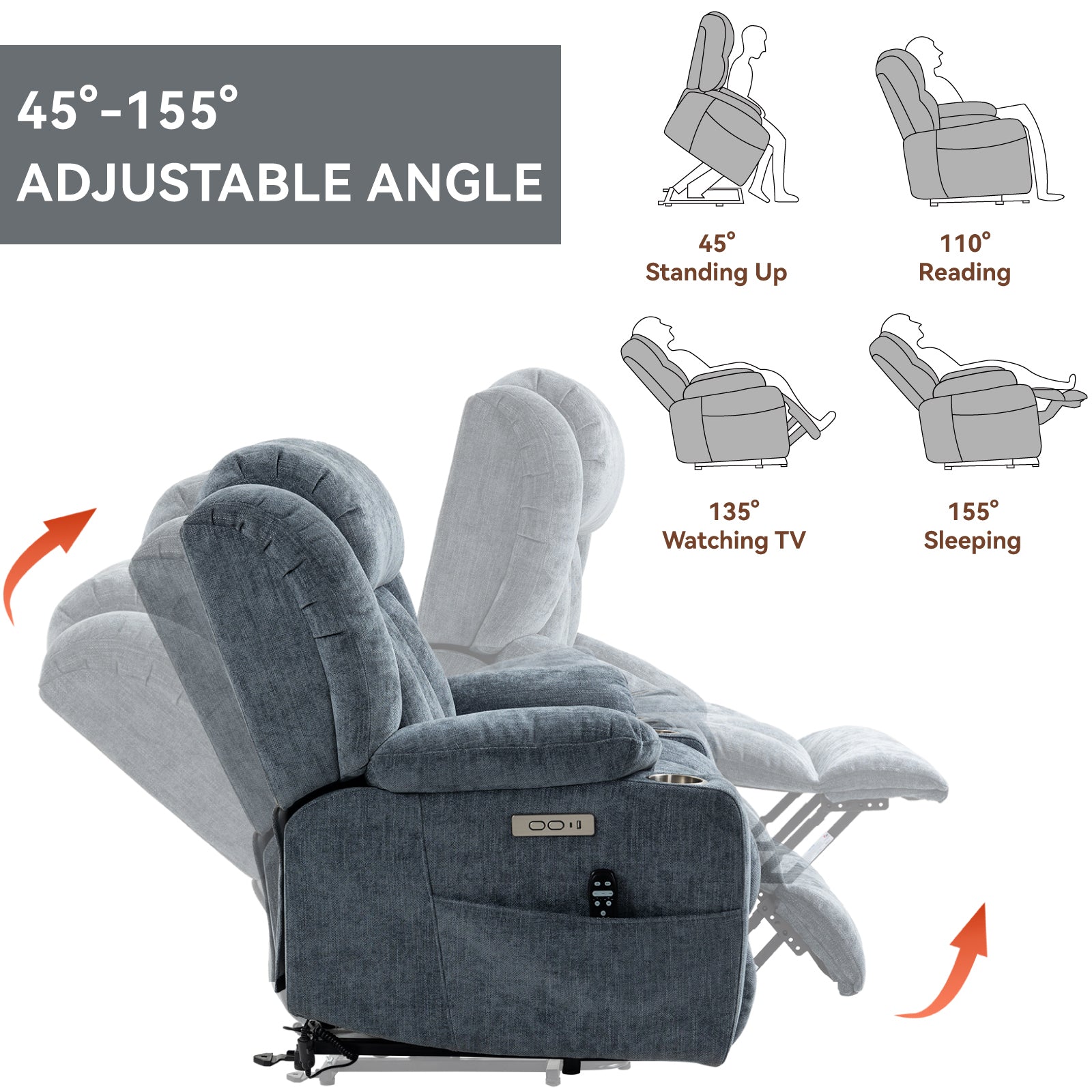 Bexley Chenille Power Lift Recliner with 8-Point Massage & Heat, Blue