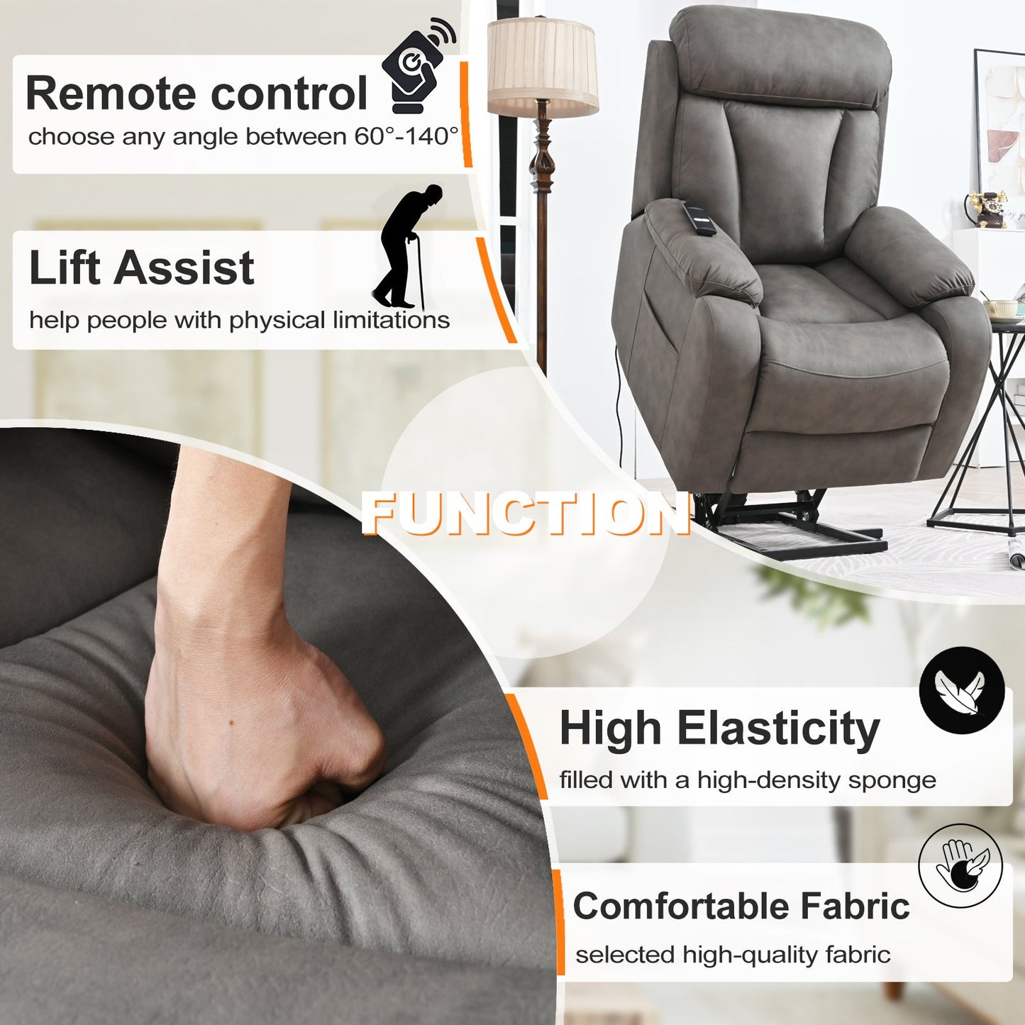 Fiala Power Lift Recliner with USB, Side Pocket, & Light, Gray