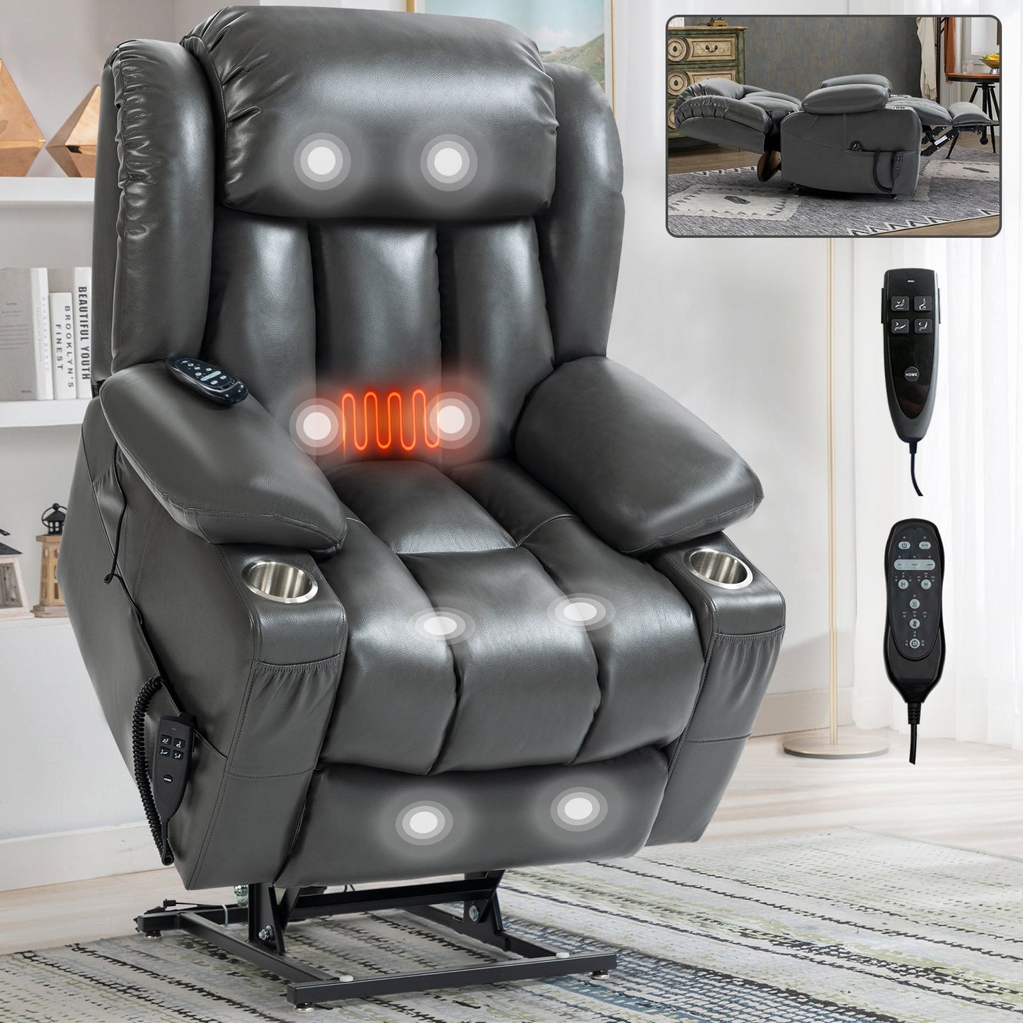 Hardy Infinite Position Leatheraire Power Lift Recliner, Gray