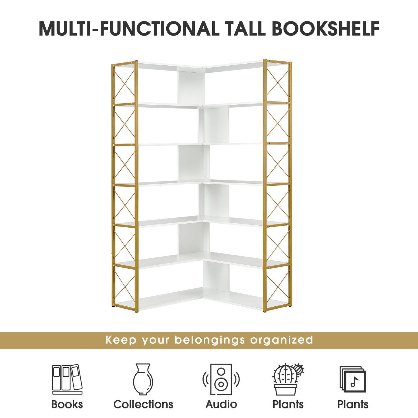 7-Tier L-Shaped Corner Bookcase with Metal Frame