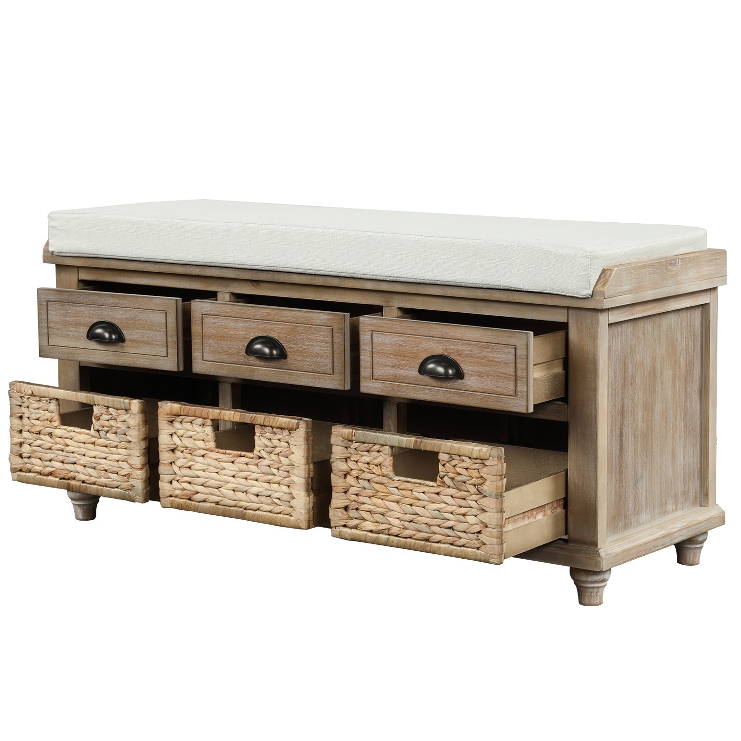 TREXM Rustic Storage Bench with 3 Drawers and 3 Rattan Baskets - White Wash