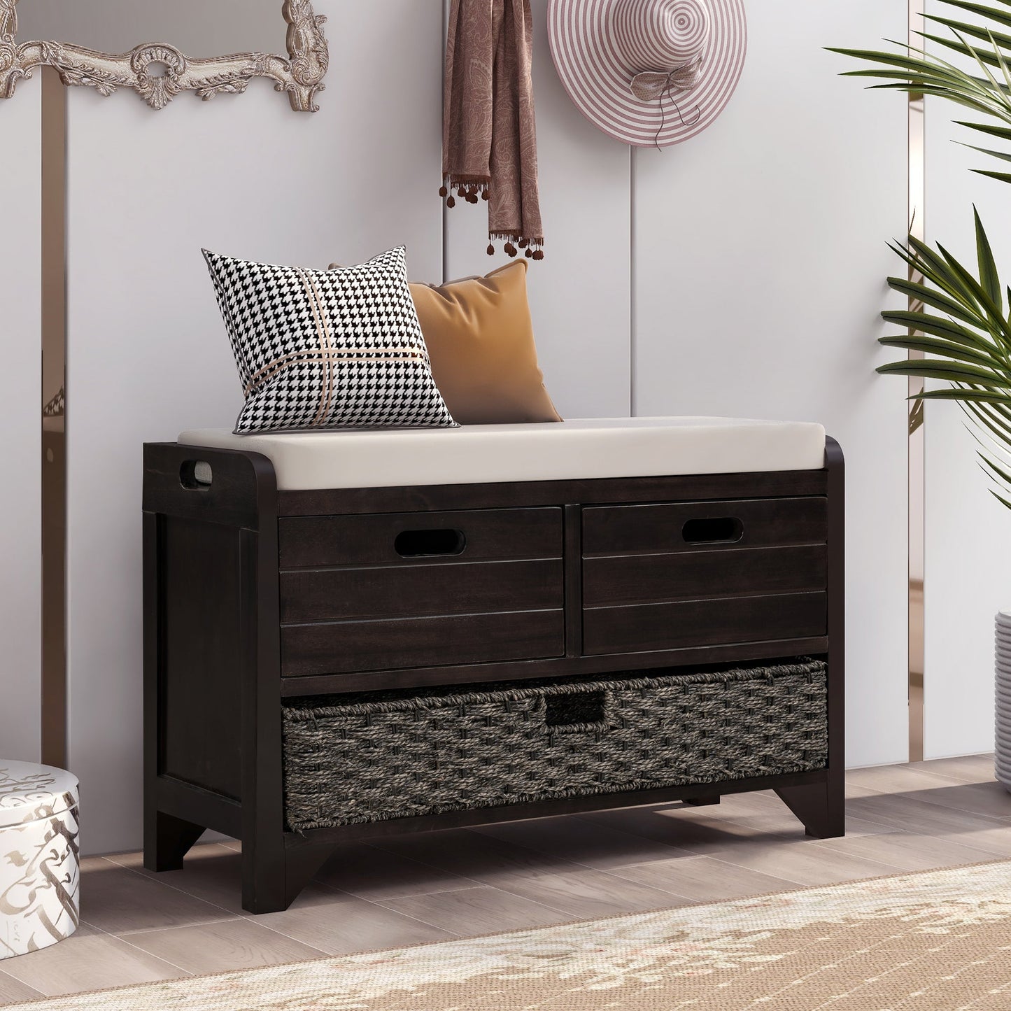 TREXM Storage Bench with Removable Basket and 2 Drawers - Espresso