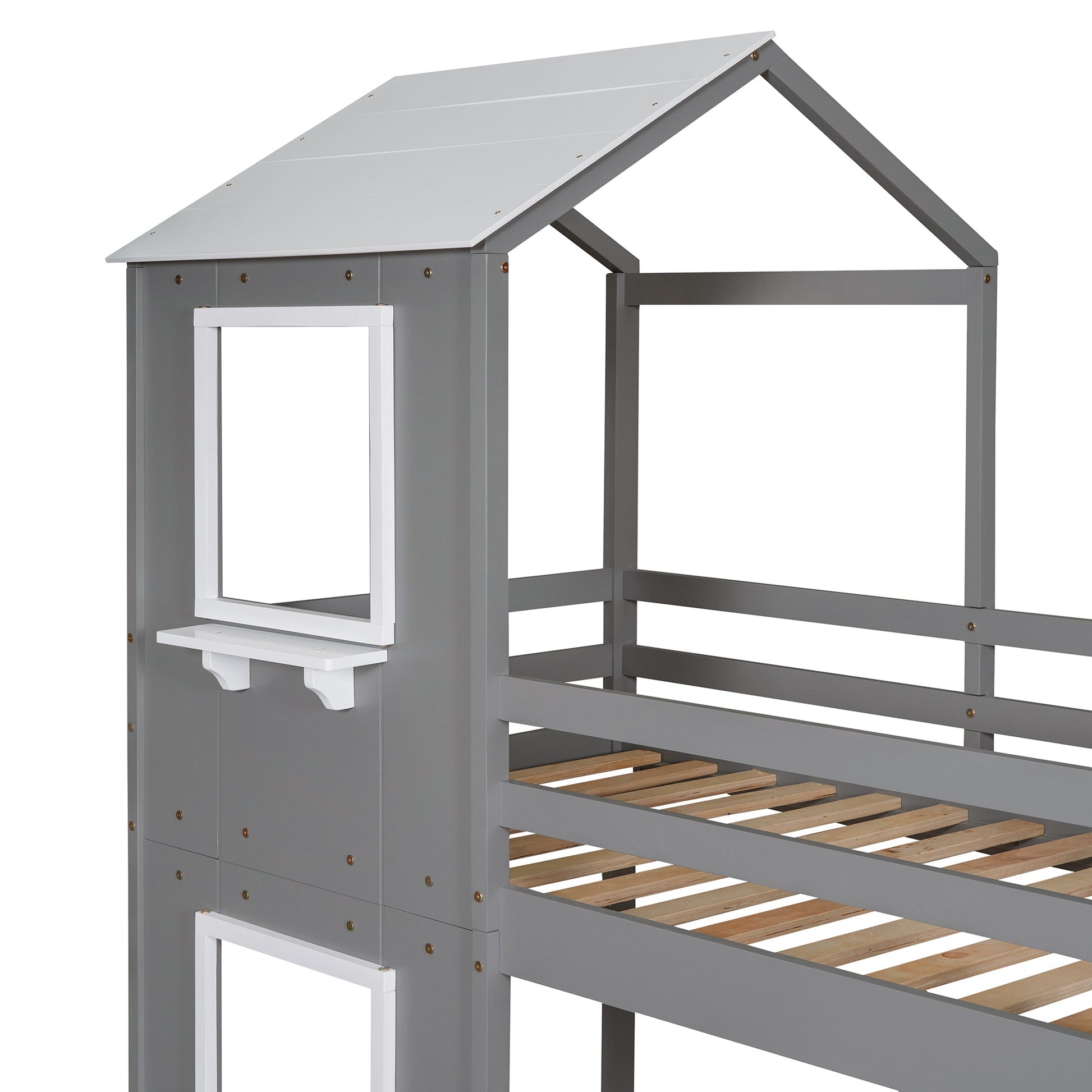 Twin Over Twin Bunk Bed Wood Bed with Roof, Window, Guardrail, Ladder Gray & White