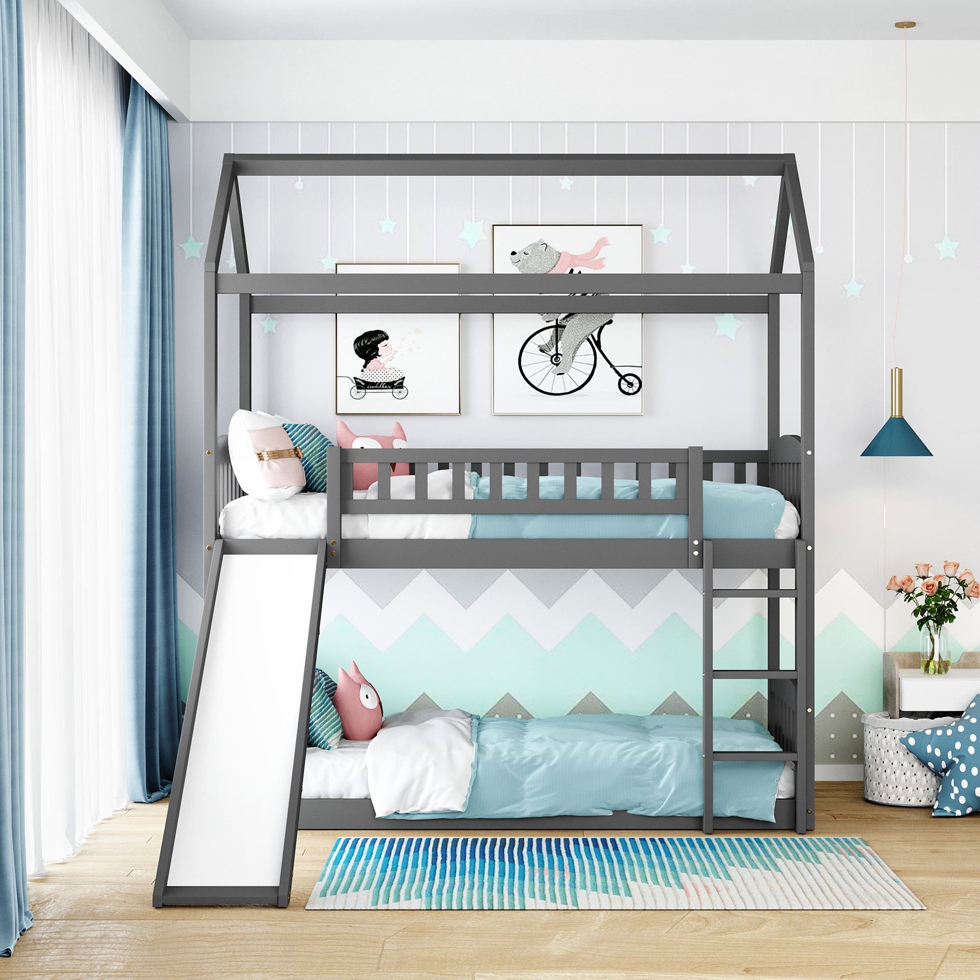 Twin Over Twin Bunk Bed with Slide, House Bed with Slide, Gray