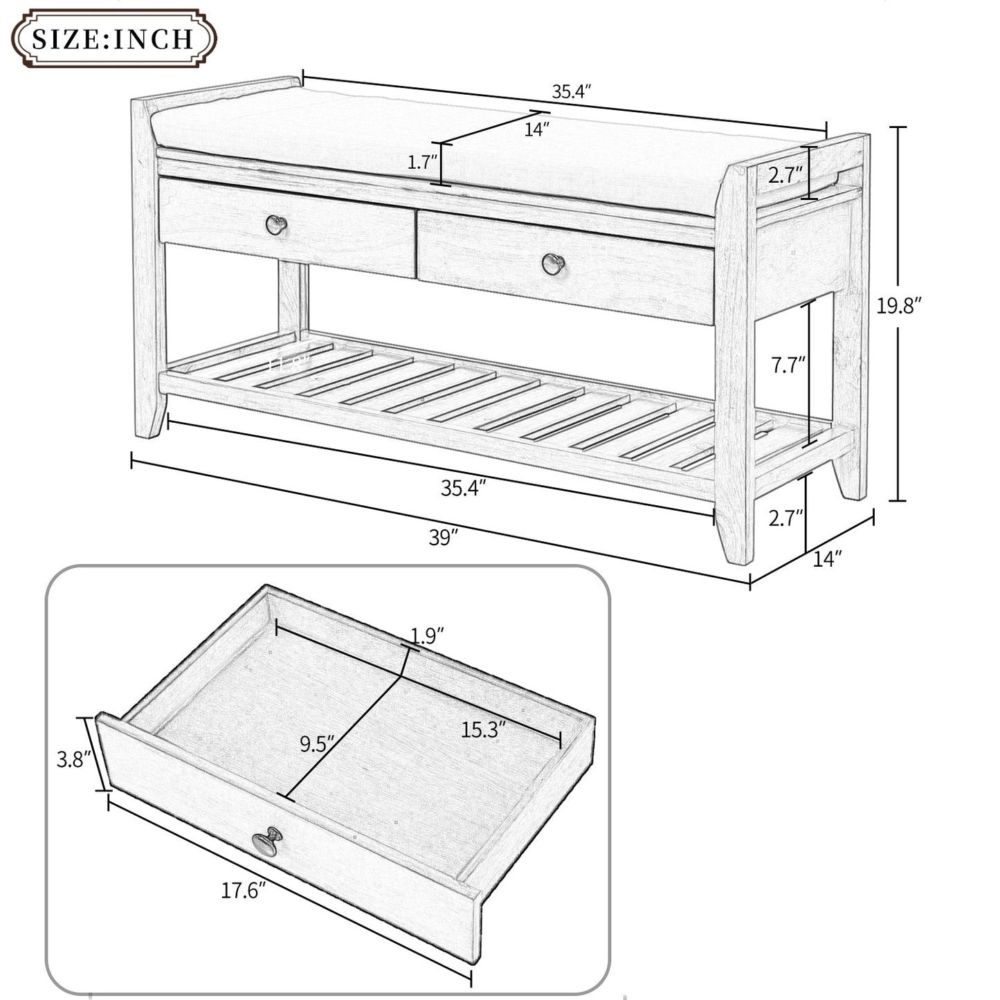 TREXM Entryway Storage Bench with Shoe Rack - White