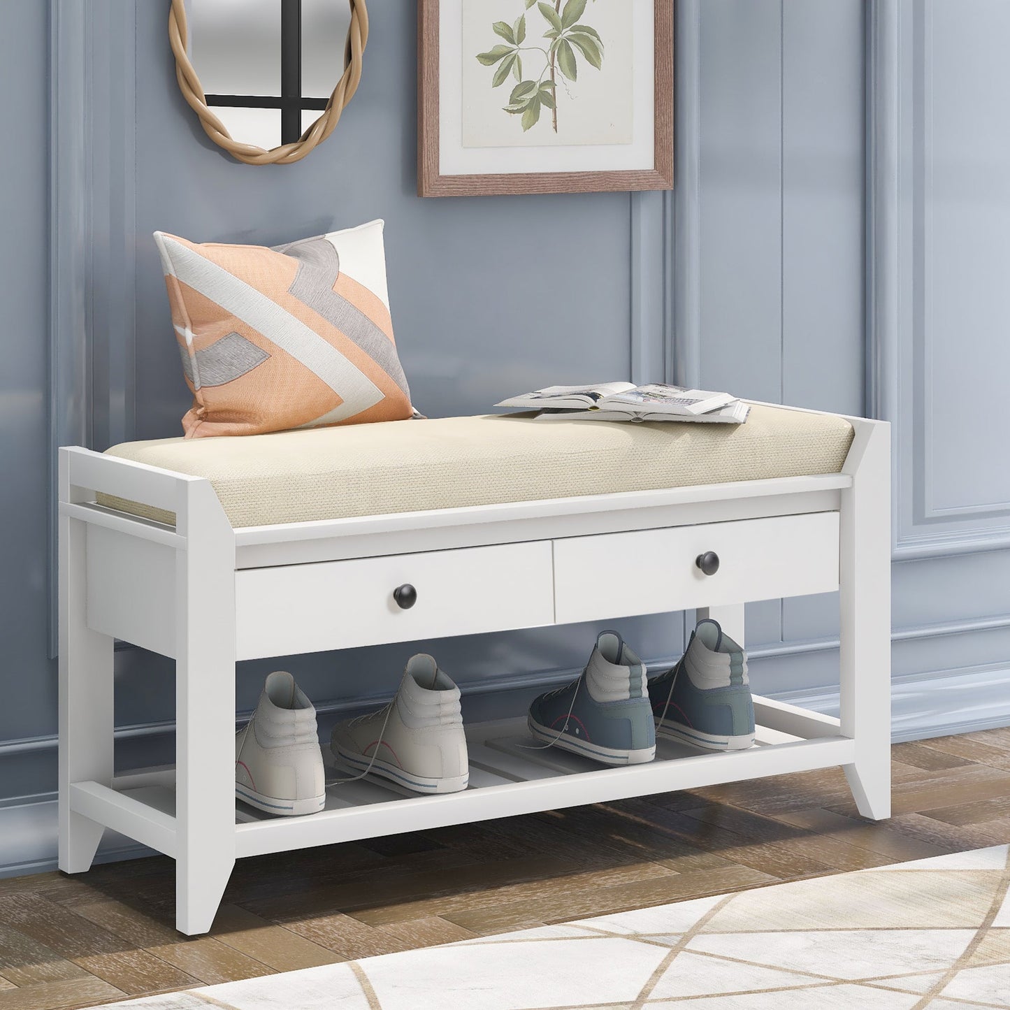 TREXM Entryway Storage Bench with Shoe Rack - White