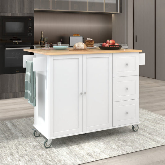 K&K Mobile Kitchen Island Cart with Solid Wood Top- White