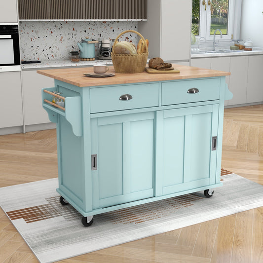 K&K Mobile Kitchen Island Cart with Solid Wood Top- Mint Green