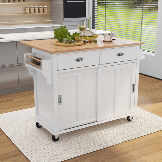 K&K Mobile Kitchen Island Cart with Solid Wood Top- White