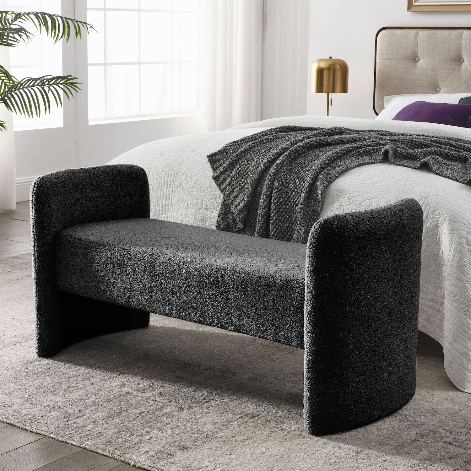 Welike 52" Teddy Fabric Upholstered Bedroom Bench - Black