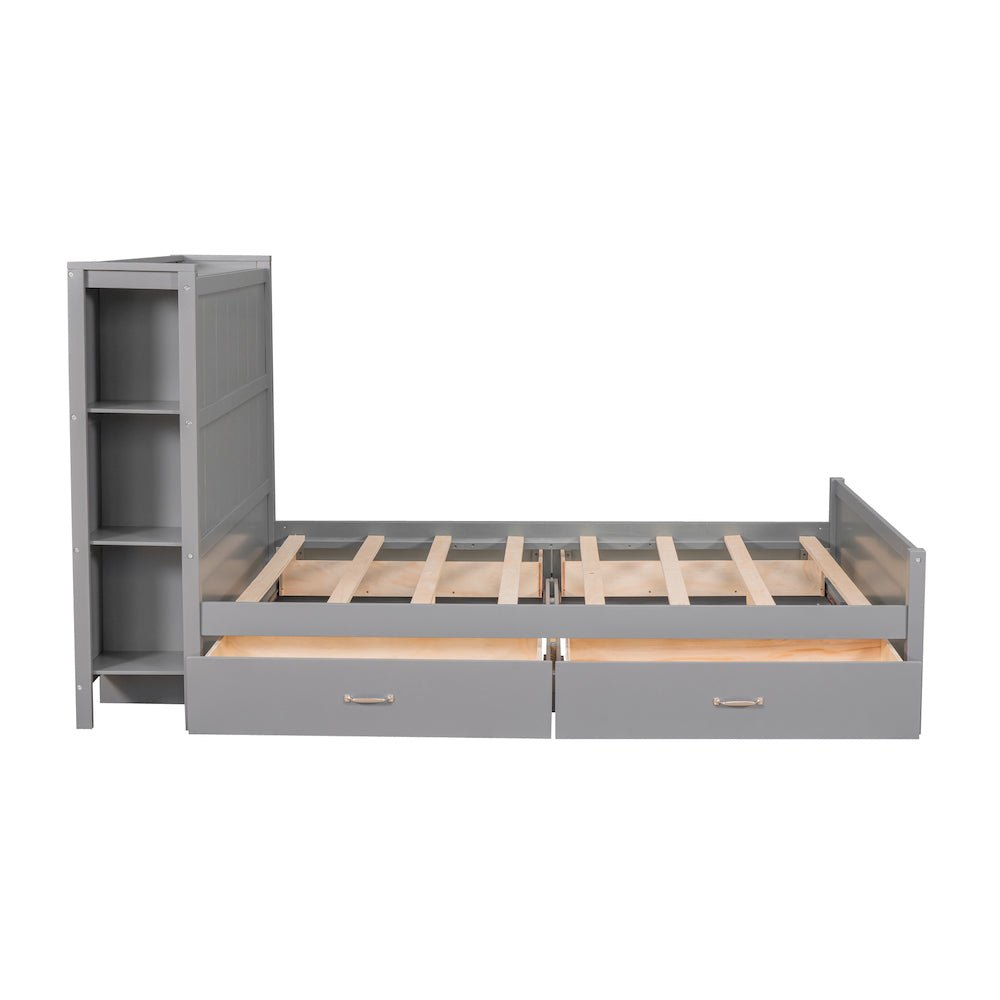 WM Store Full Size Platform Bed with Shelves & Storage Trundle - Gray